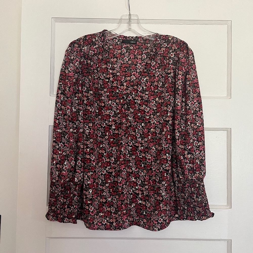 Aqua long-sleeve blouse, size medium, floral